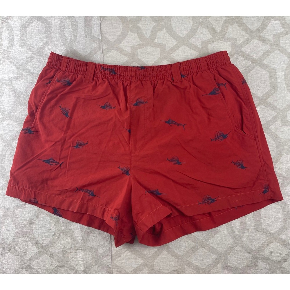 Columbia PFG Mens Red Marlin Skeleton Print Fishing Shorts Size‎ Large 6L Nylon